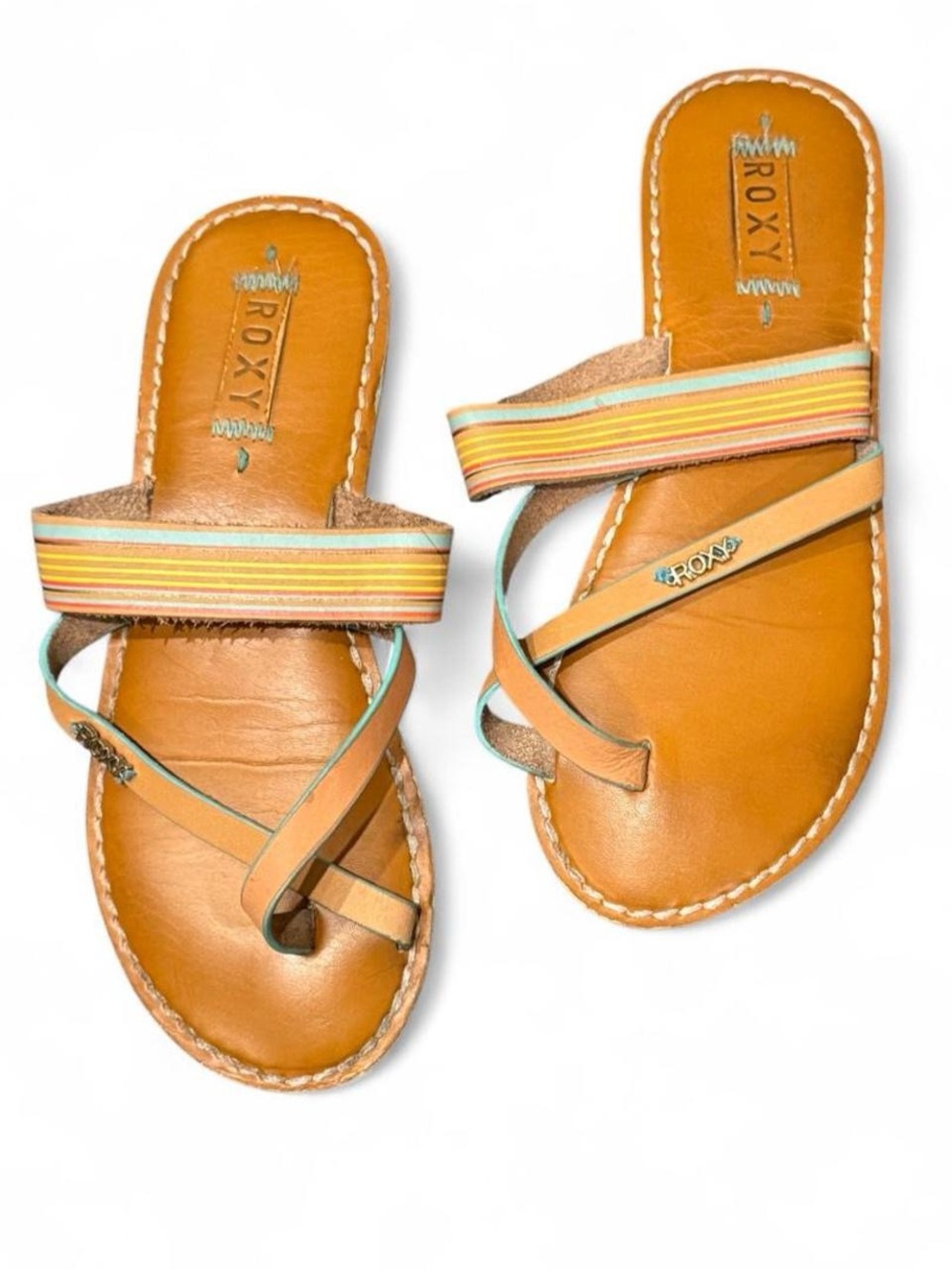 Roxy Multi-Strap Leather-Look Sandals with Rainbow Accents, size 8.